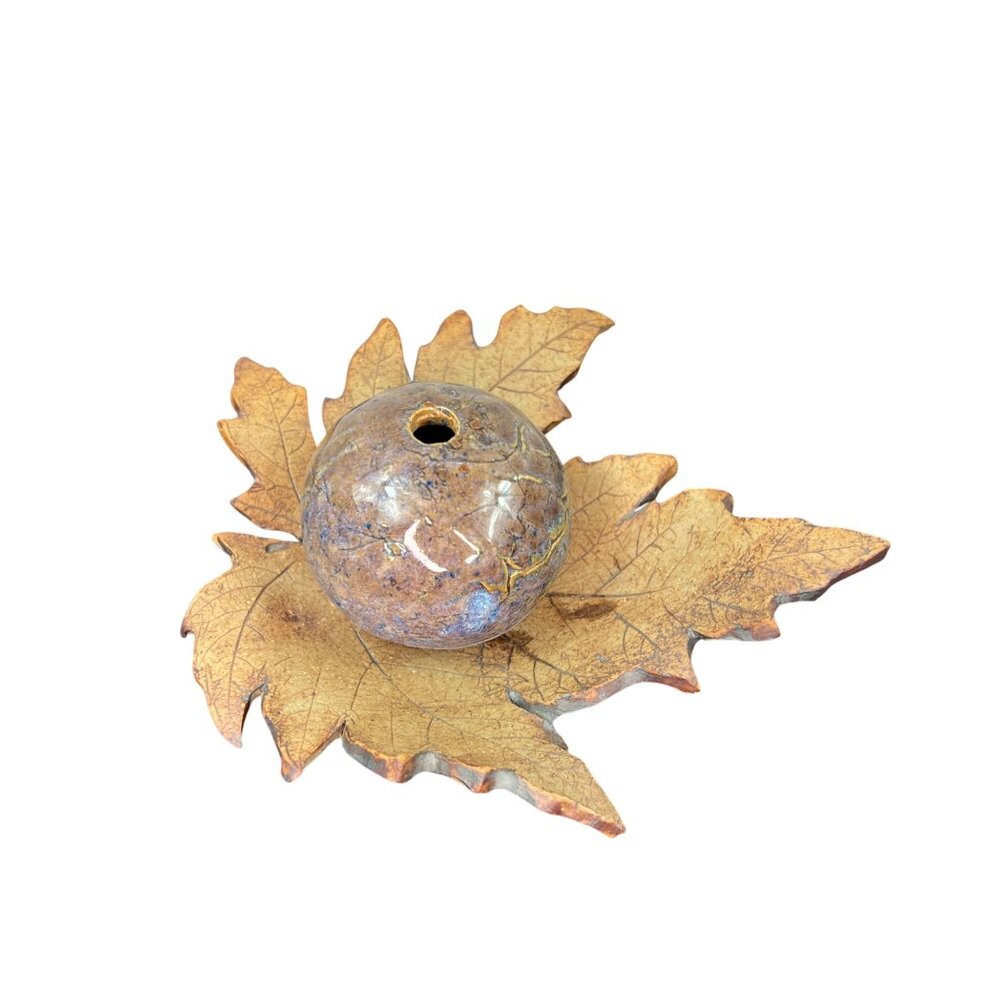 Studio Art Pottery Handcrafted Ceramic Leaf-Shaped Incense Holder Signed